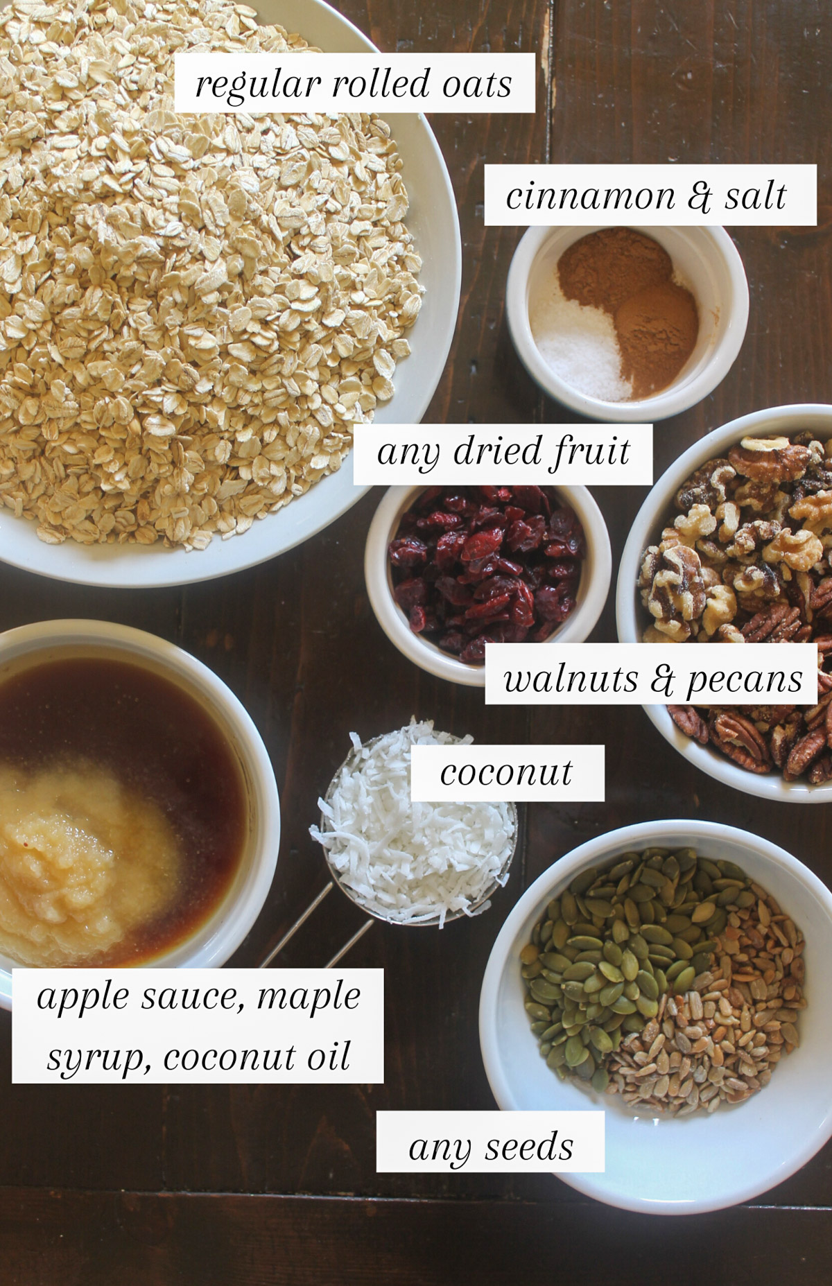 Labeled ingredients for Maple Pecan Applesauce Granola.