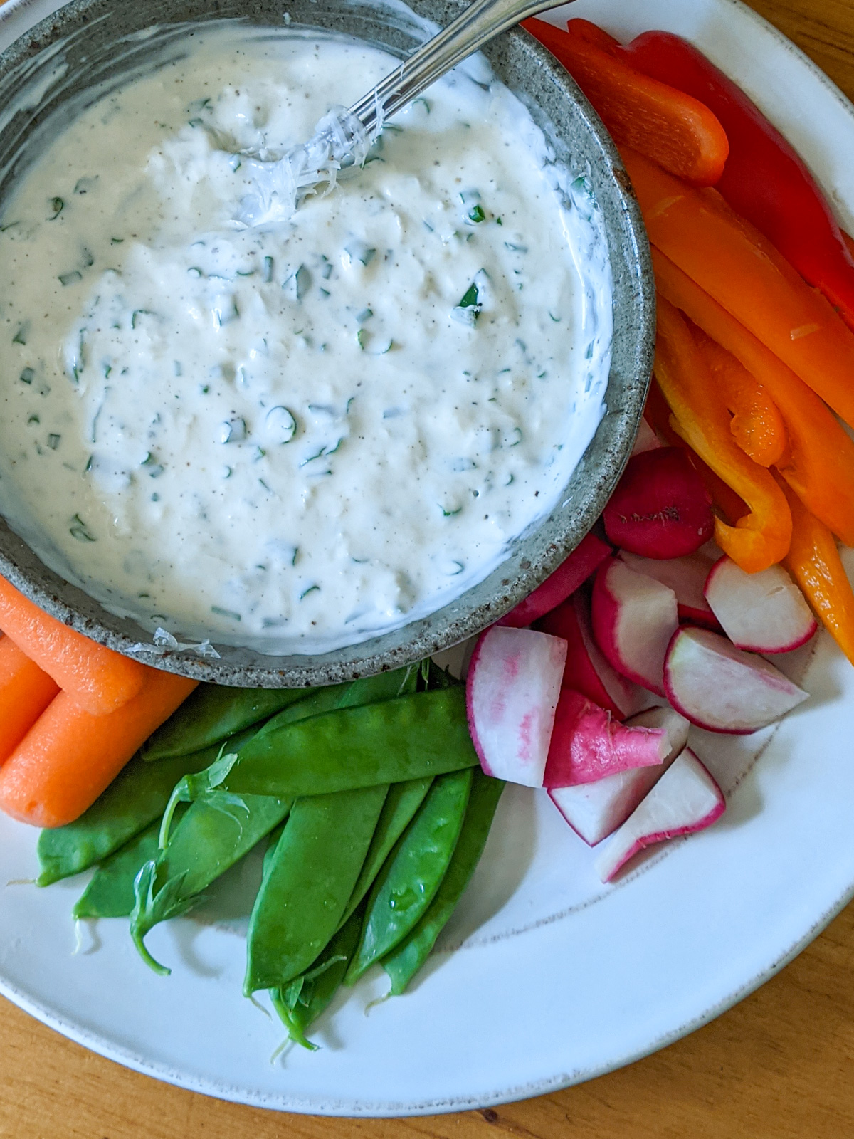 A bowl of parmesan yogurt dip with fresh veggies to dip.