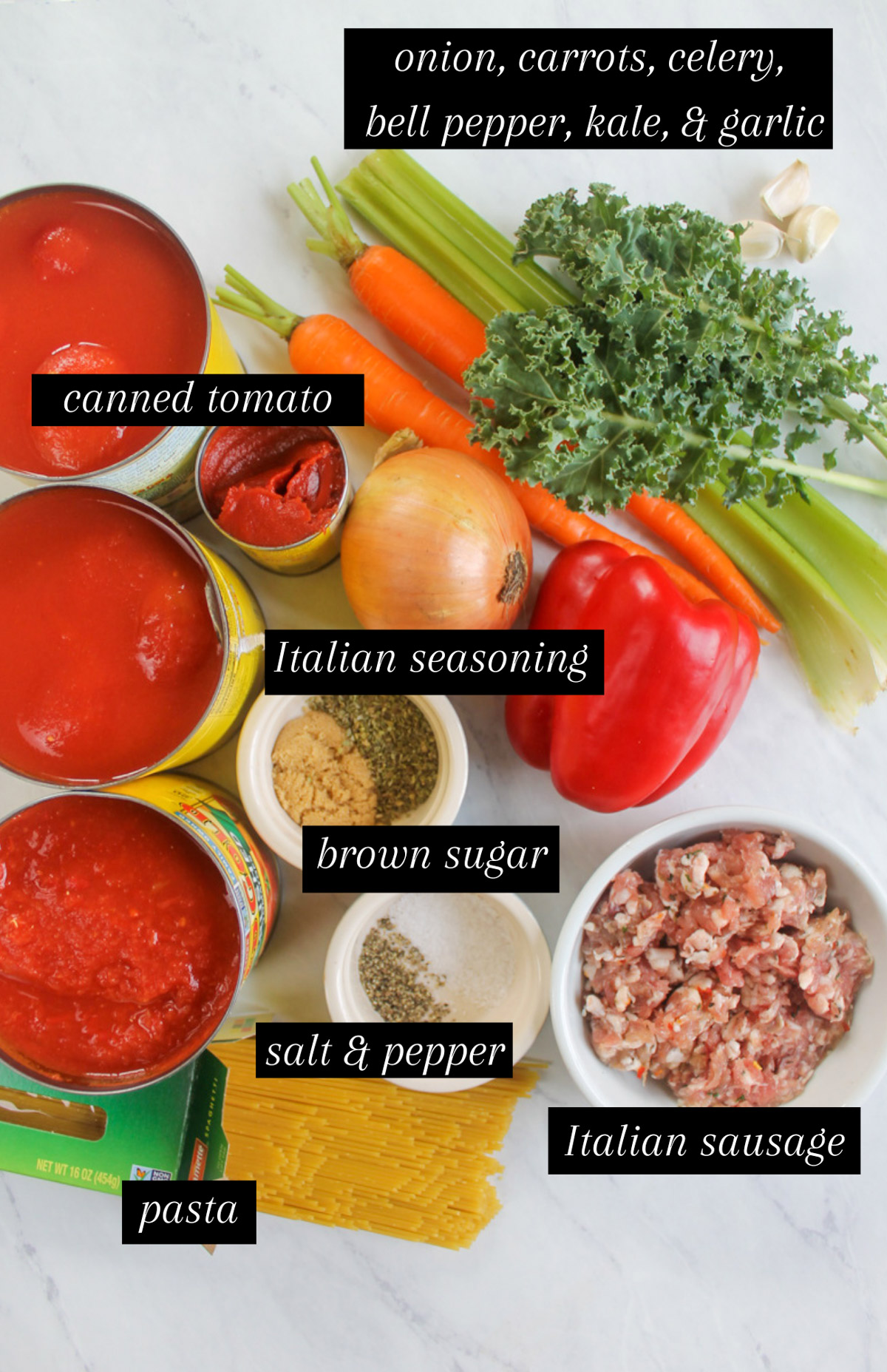 Labeled ingredients for Italian Sausage Bolognese.