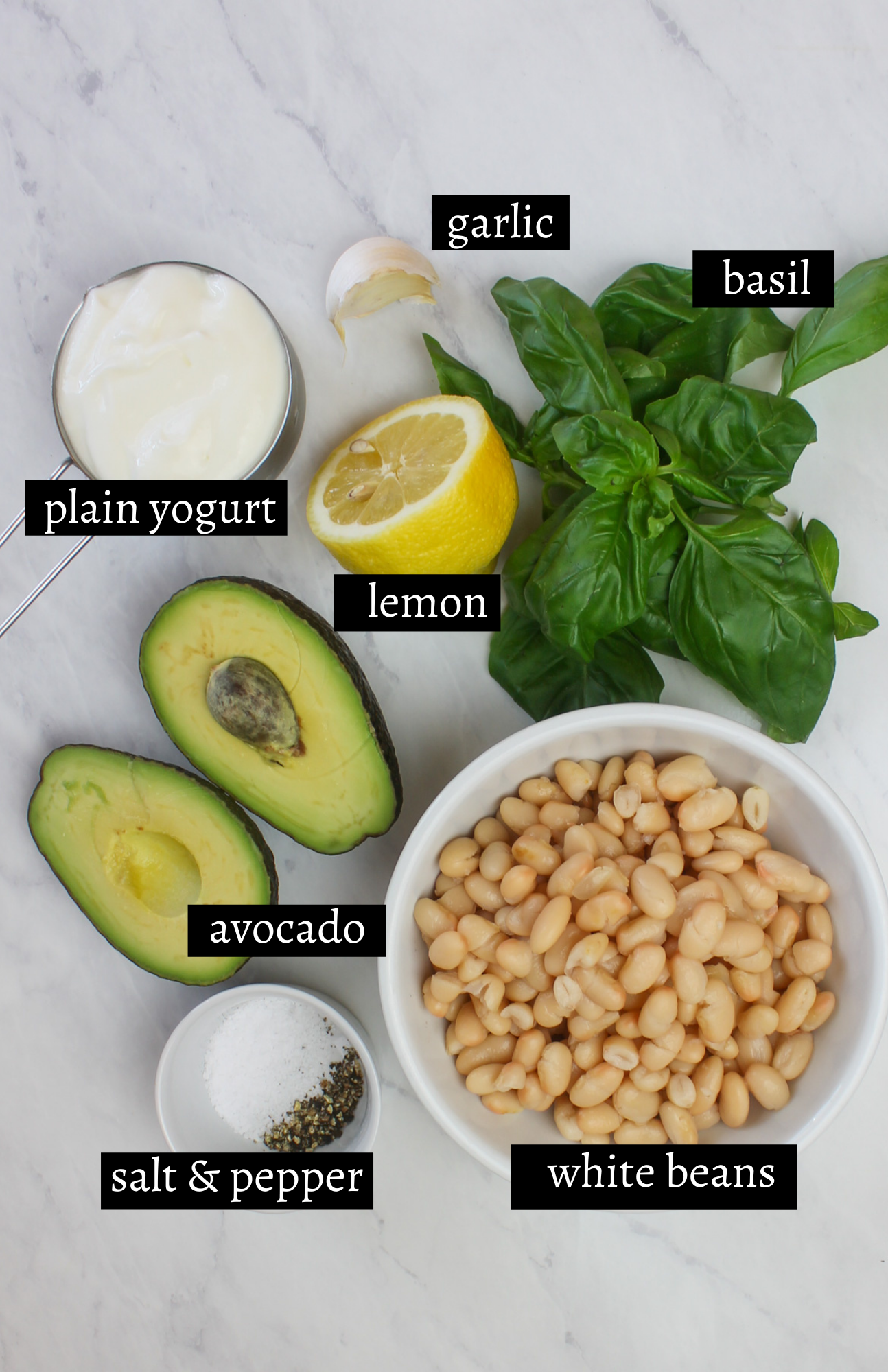 Labeled ingredients for avocado bean dip.