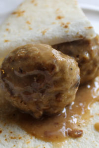 Norwegian Meatballs in brown gravy with lefse