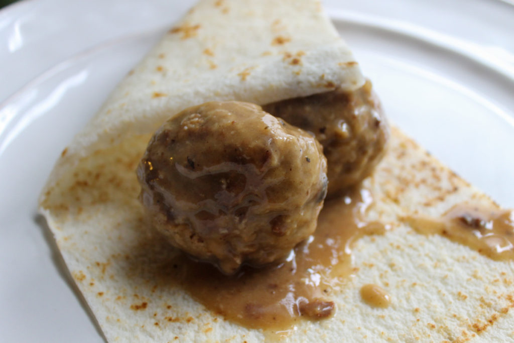 Norwegian Meatballs in brown gravy with lefse