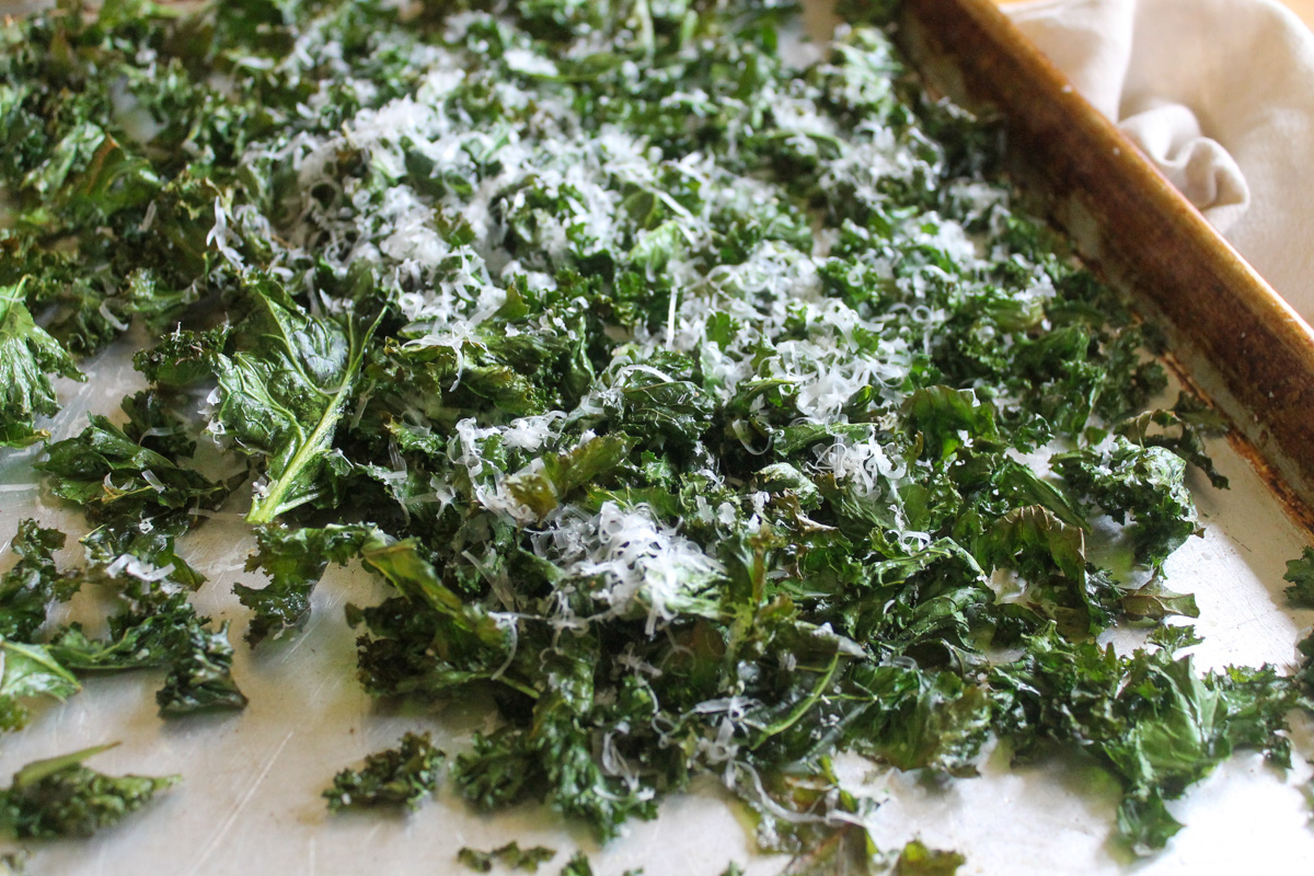 A pan of oven roasted kale chips with Parmesan cheese.