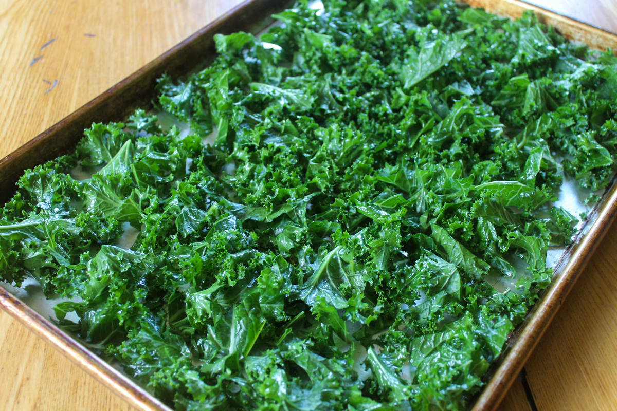 A pan of raw chopped kale with olive oil, salt and pepper ready to bake.