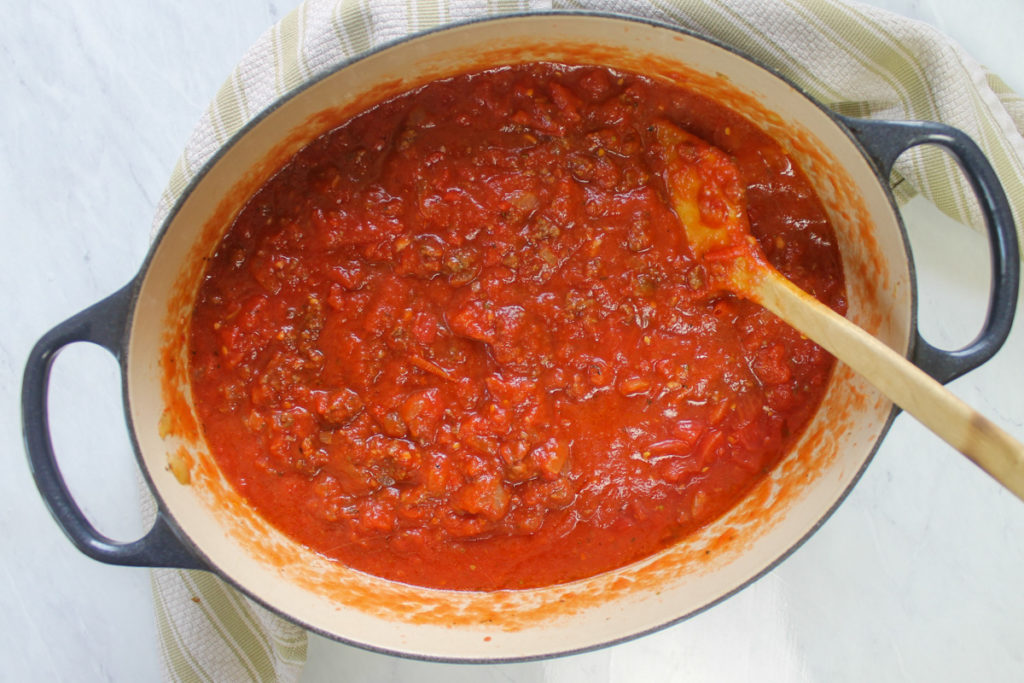 Spaghetti instructions, all ingredients added to the pot ready to simmer.