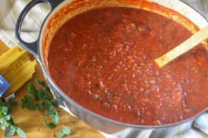 Pot of homemade spaghetti sauce.