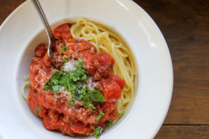 Homemade spaghetti hearty marinara sauce.