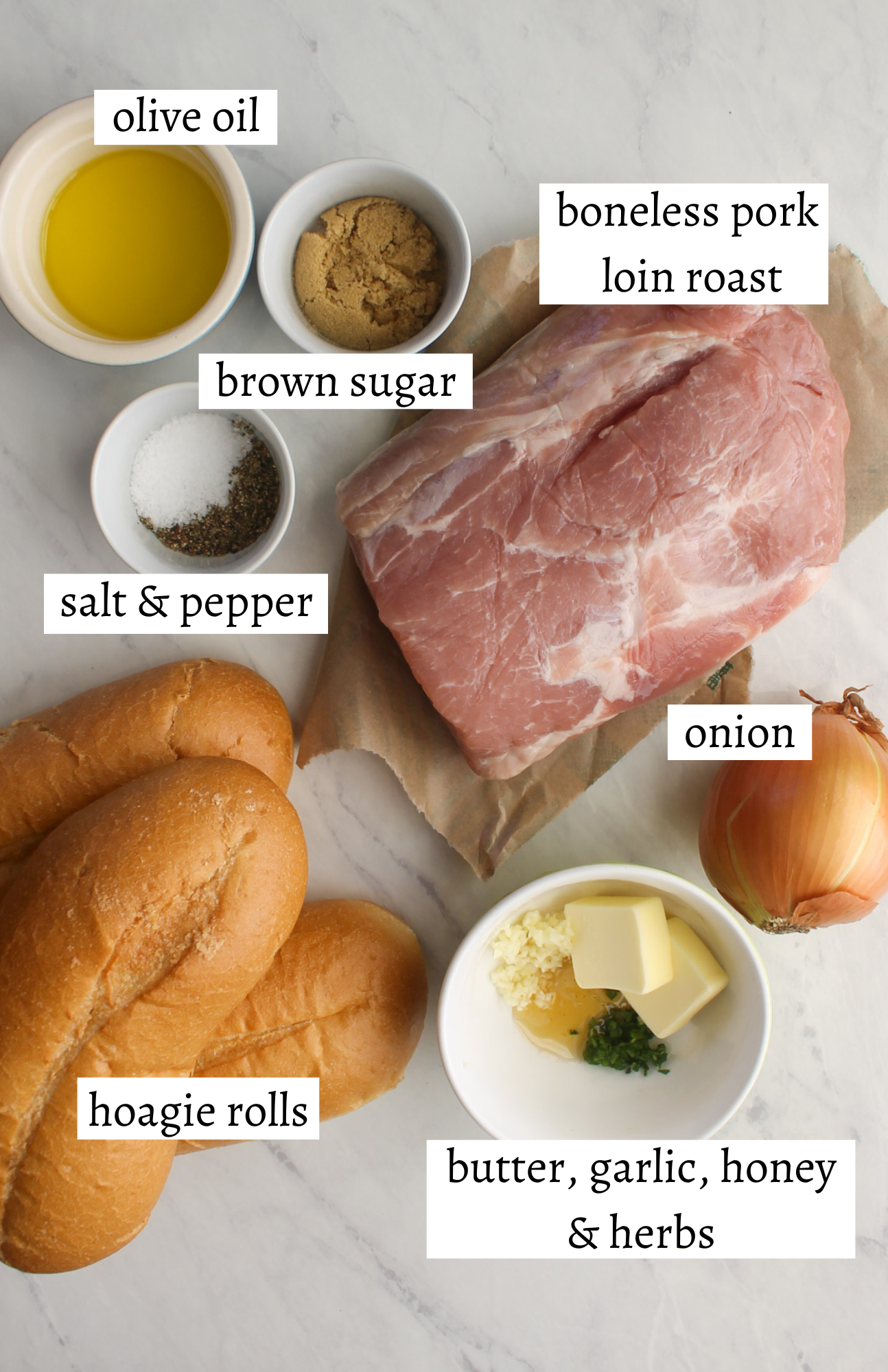 Labeled ingredients for Shaved Pork Roast Sandwiches.