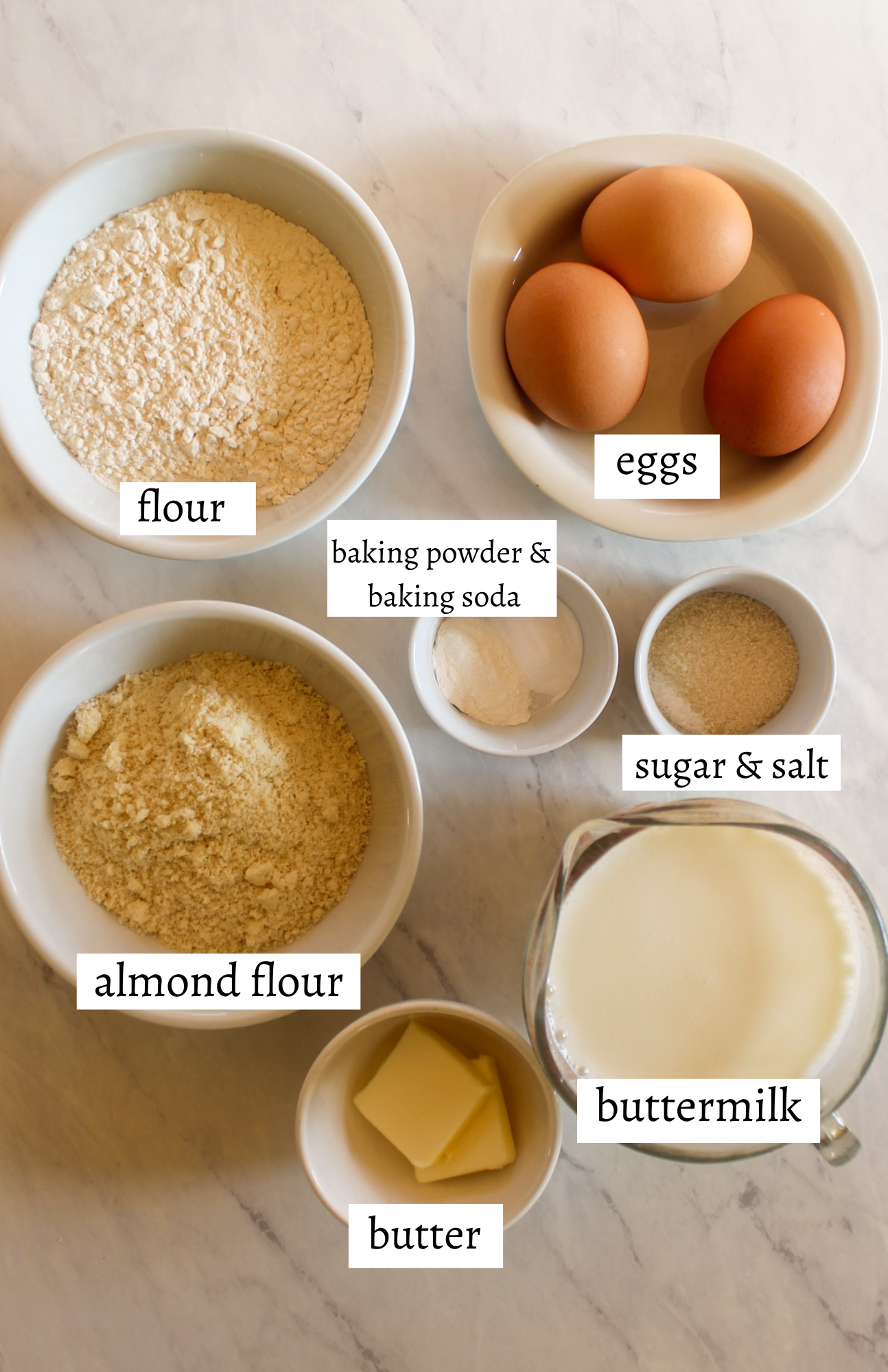 Labeled ingredients for protein buttermilk pancakes.