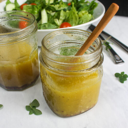 Easy vinaigrette salad dressing made in a jar.