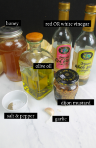 Mason jar vinaigrette salad dressing ingredients.