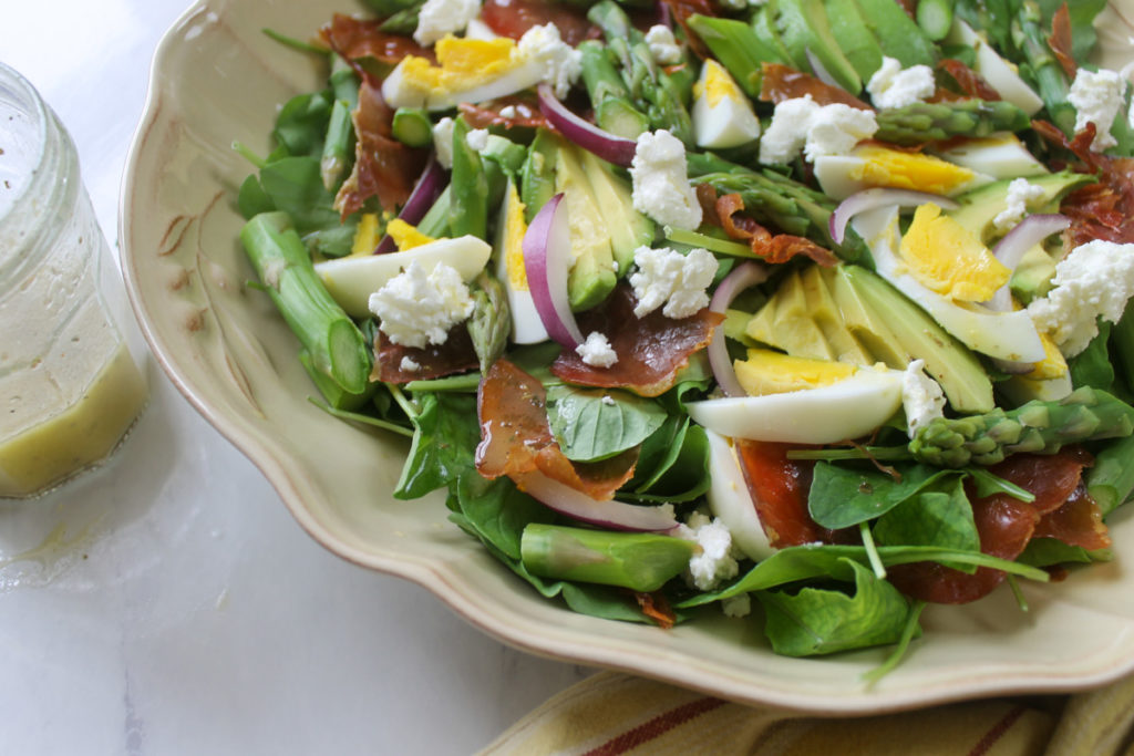 Asparagus Avocado Salad with Crispy Prosciutto.