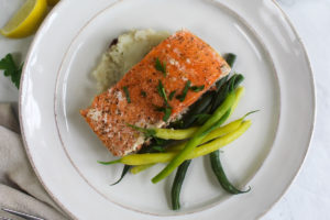 Simple Roasted Wild Caught Salmon with mashed potatoes and green beans