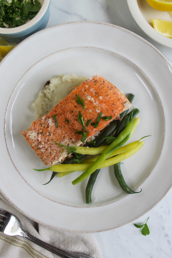 Simple Roasted Wild Caught Salmon with mashed potatoes and green beans
