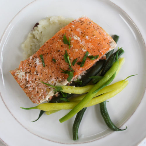 Simple Roasted Wild Caught Salmon with mashed potatoes and green beans