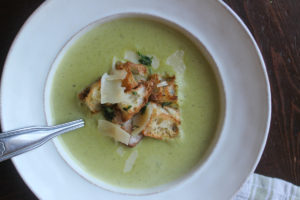 Vegetarian asparagus soup with croutons.