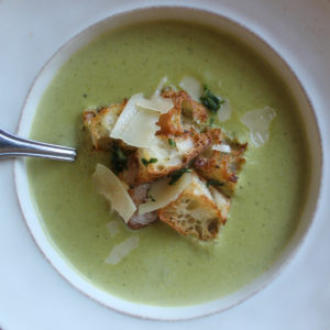 Garden Fresh Asparagus Soup with Homemade Croutons.