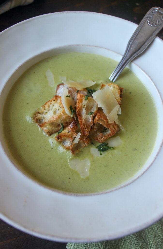 Spring asparagus soup with Parmesan cheese.