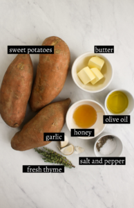 Labeled ingredients for Roasted Sweet Potato Slices in Garlic Honey Butter.