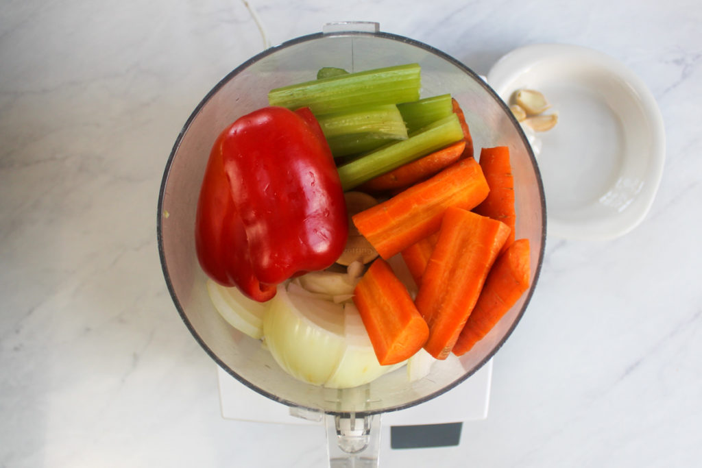 Veggie Beef Chili vegetable Ingredients minced in the food processor