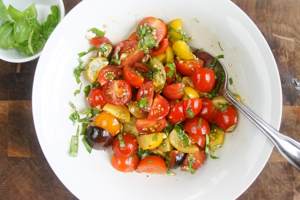 Bruschetta topping mixed in a bowl.