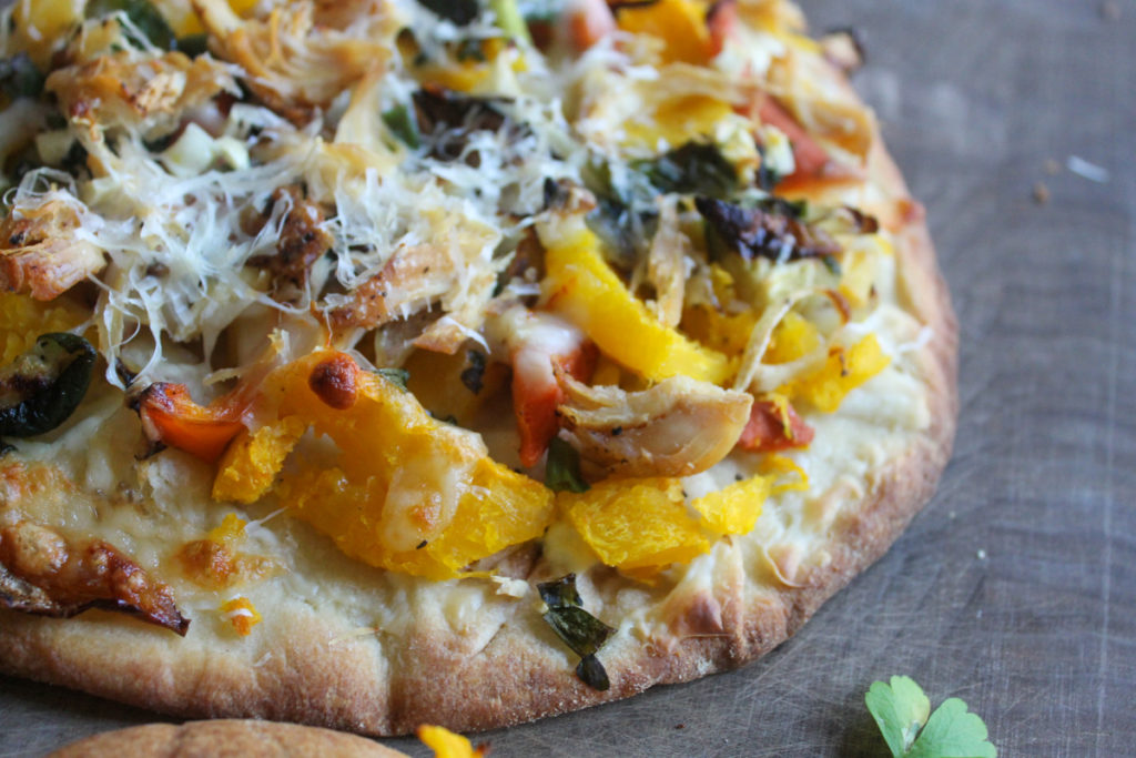 Roasted veggie flatbread naan pizza.