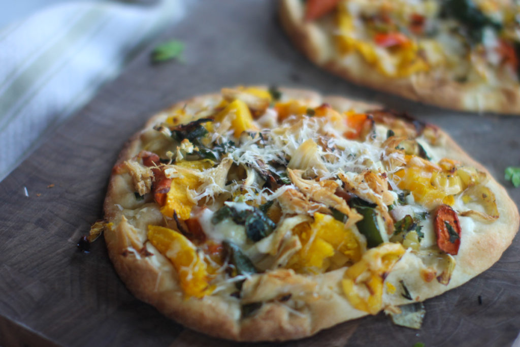 Roasted Vegetable Flatbread Pizzas with squash, zucchini, onion and peppers.