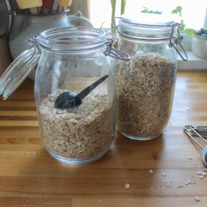 Large jars of homemade bulk instant oatmeal.
