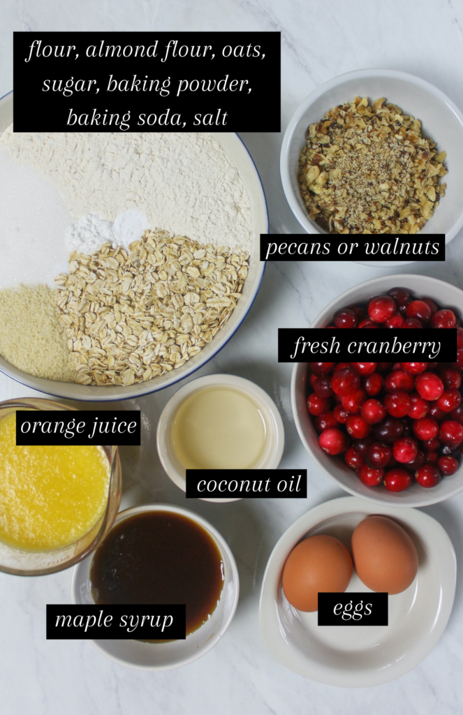 Labeled ingredients for fresh cranberry muffins.