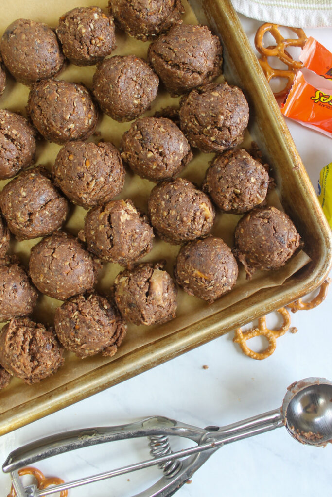 Tray of Nutella Peanut Butter Balls ready to freeze.