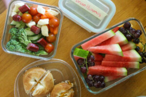 Larger conatiners to make snacks into lunch, watermelon and grapes, veggies and cheese curds and bagel sandwiches.