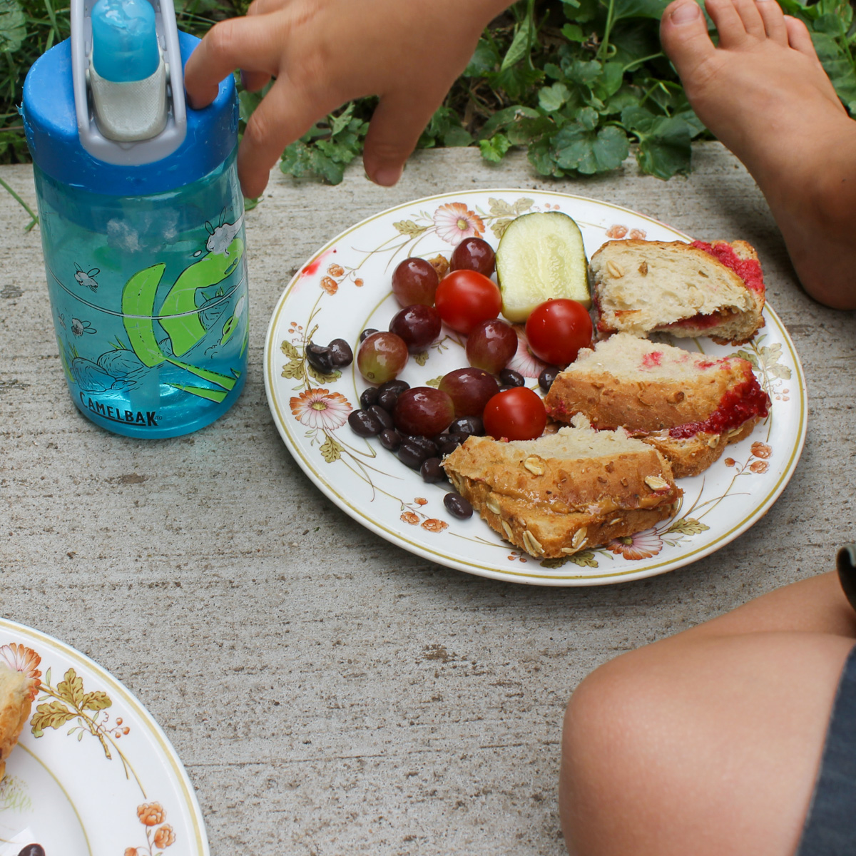 A barefoot kid eating an outdoor lunch, peanut butter sandwich, grapes, tomato and pickles.