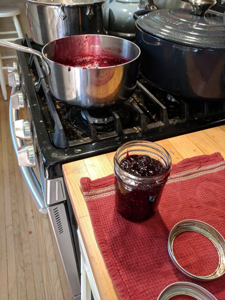 Making mulberry freezer jam from our backyard trees.