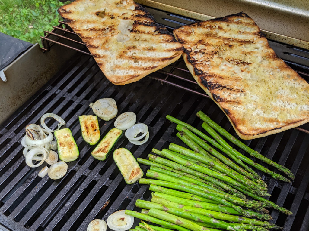 Grilling Ciabatta and veggies to side dish.