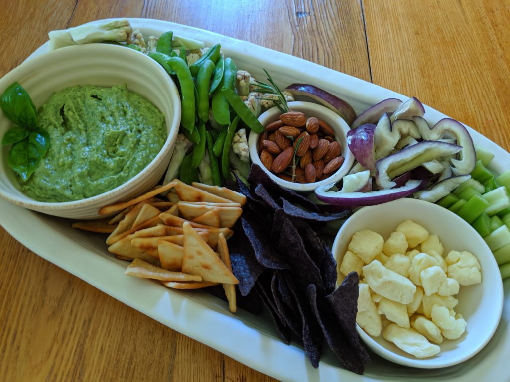Veggie Platter with Avocado Bean Dip Platter of garden fresh veggies and Avocado Bean Dip.