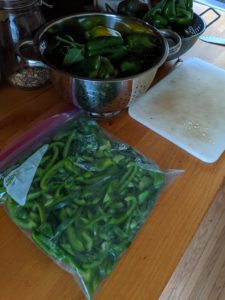 A ziploc bag of sliced green bell peppers for the freezer.