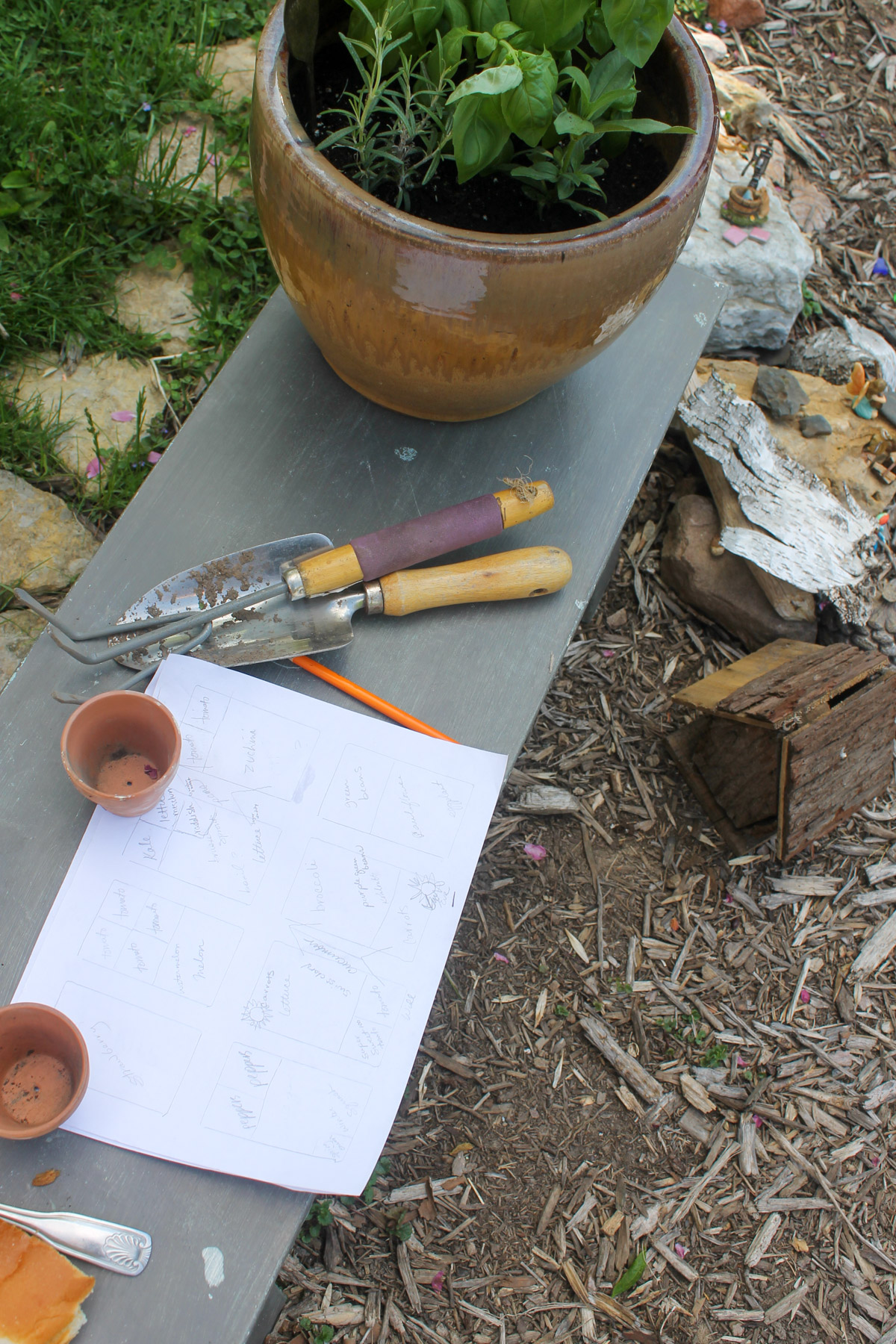 A piece of paper with the garden plan on a bench next to a pot of herbs and garden tools.