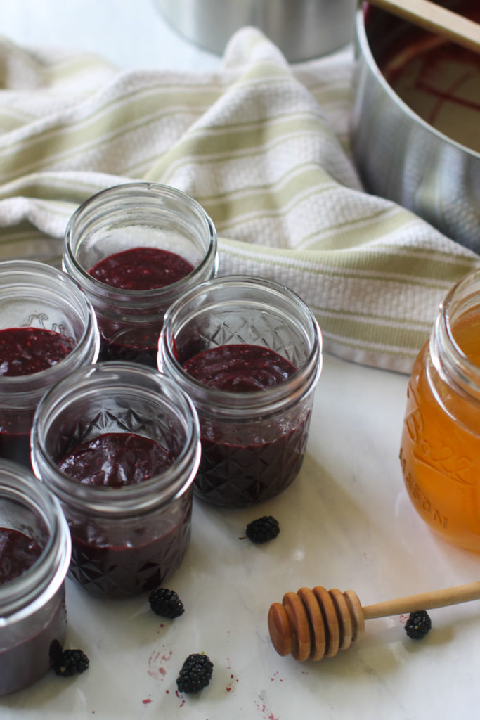 Finished jars of mulberry freezer jam without sugar.