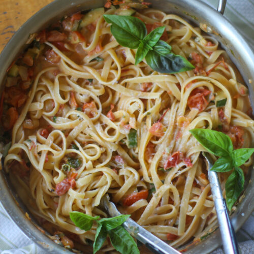 Creamy Tomato Basil Pasta in an Italian pink sauce.