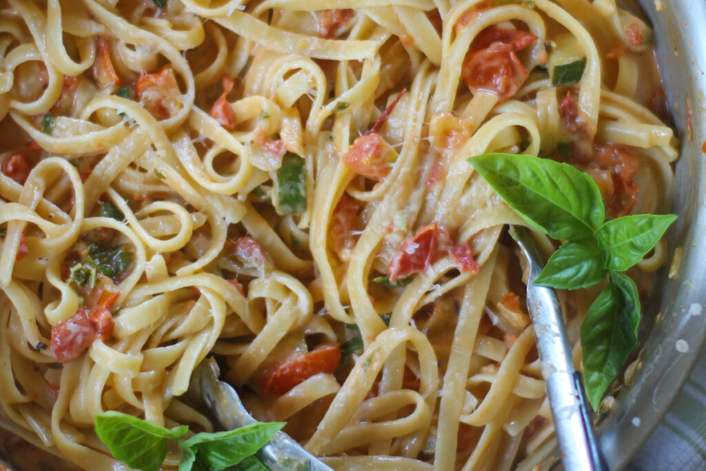 Close up of tomato basil fettuccine.