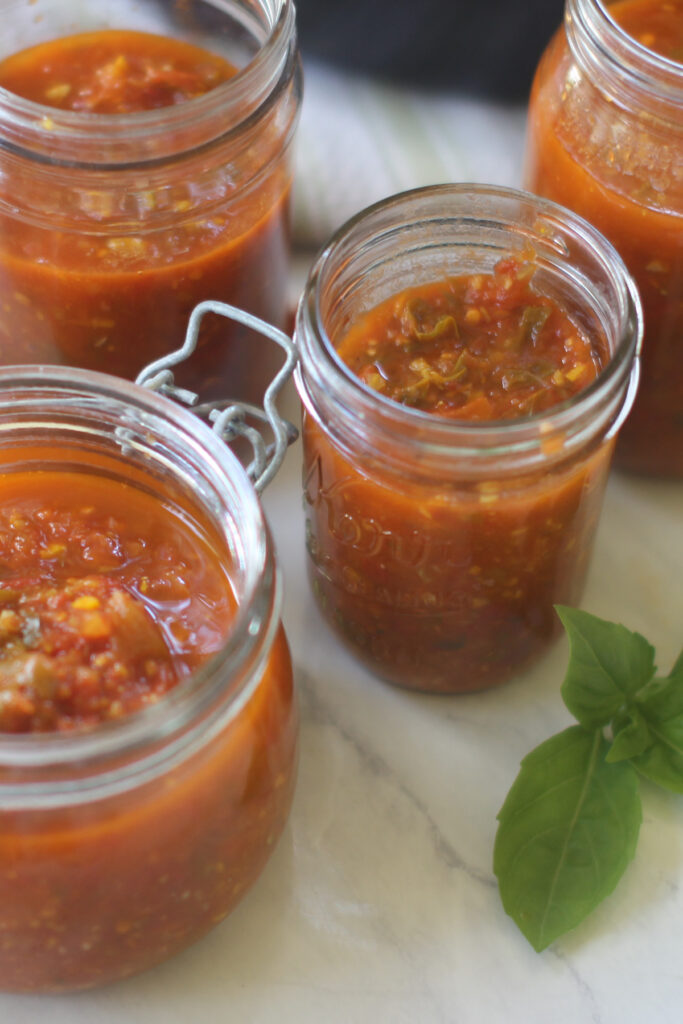 Homemade organic tomato sauce made from the garden.