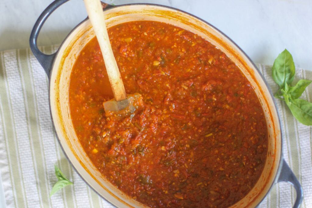 Finished pot of freezer marinara sauce from fresh tomatoes.