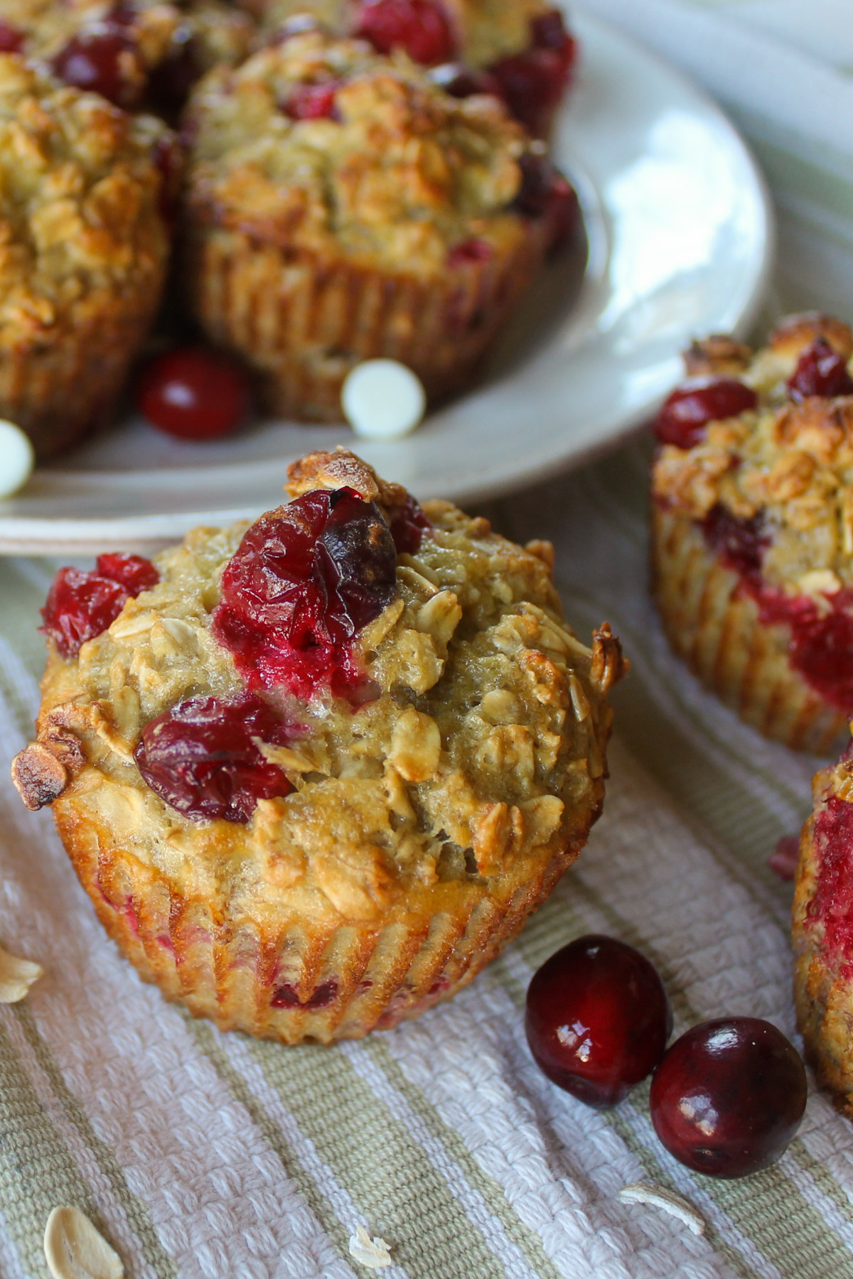 Fresh cranberry baked oatmeal cups on a towel with a plate of more behind with red cranberries around it and white chocolate chips.