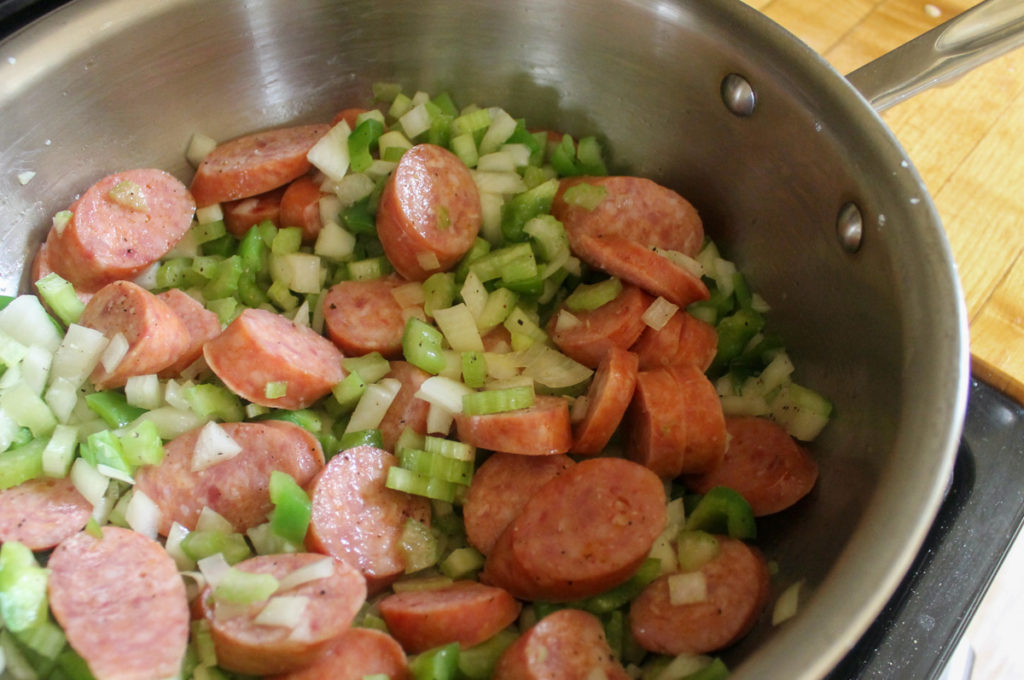 Jambalaya Instructions saute kielbasa and veggies