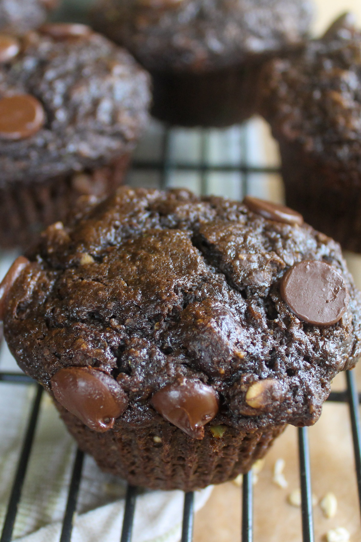 Close up of Double chocolate protein zucchini muffins.