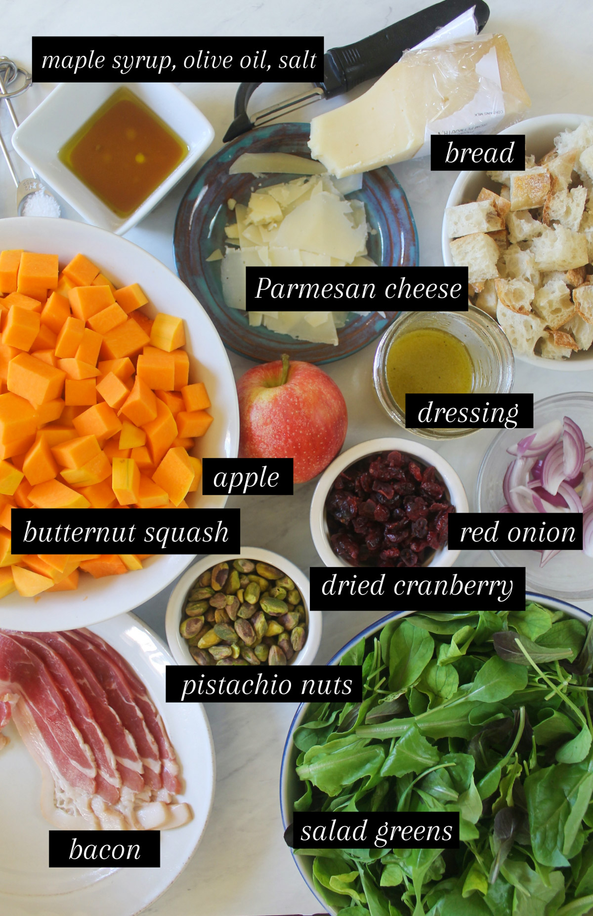 Ingredients for Maple Butternut Squash Fall Harvest Salad.