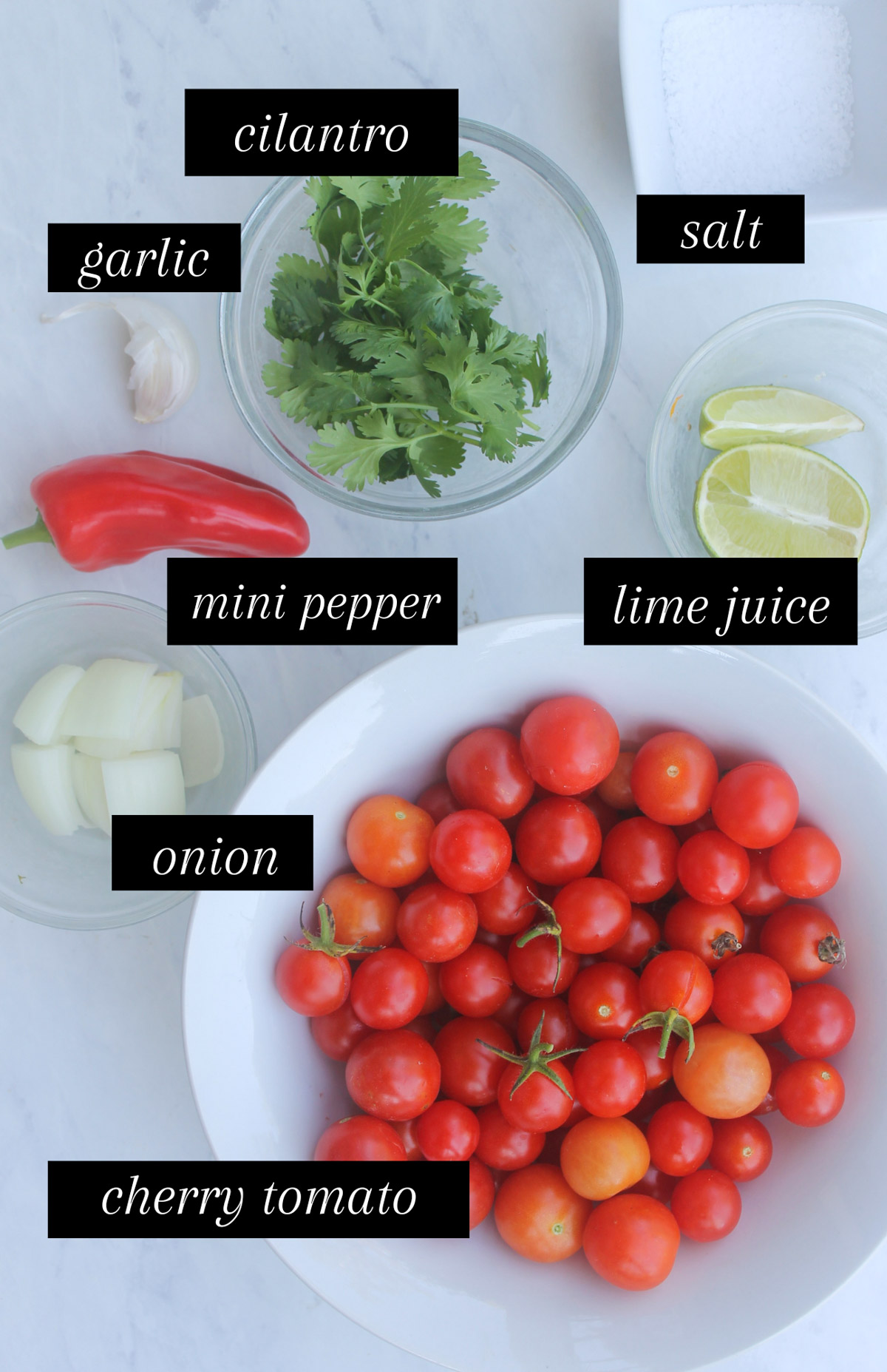 Labeled ingredients for cherry tomato pico de gallo.