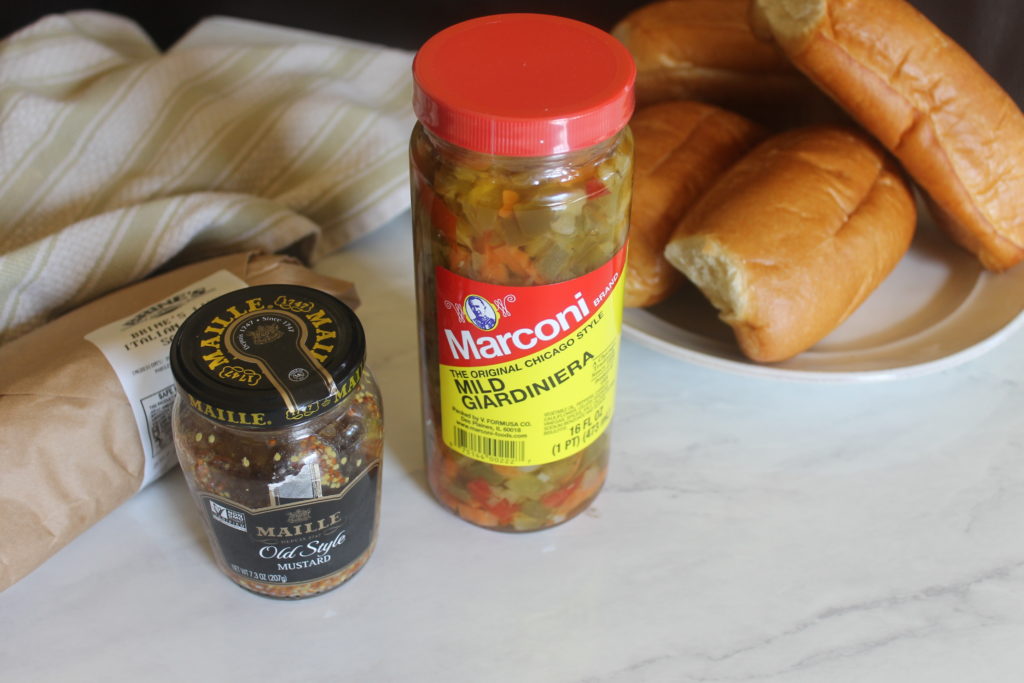 Dijon and Giardiniera Ingredients with sausages and hoagie buns