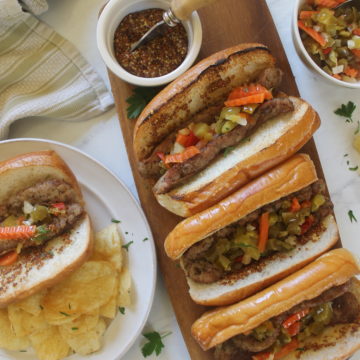 Grilled Split Italian Sausages with Giardiniera