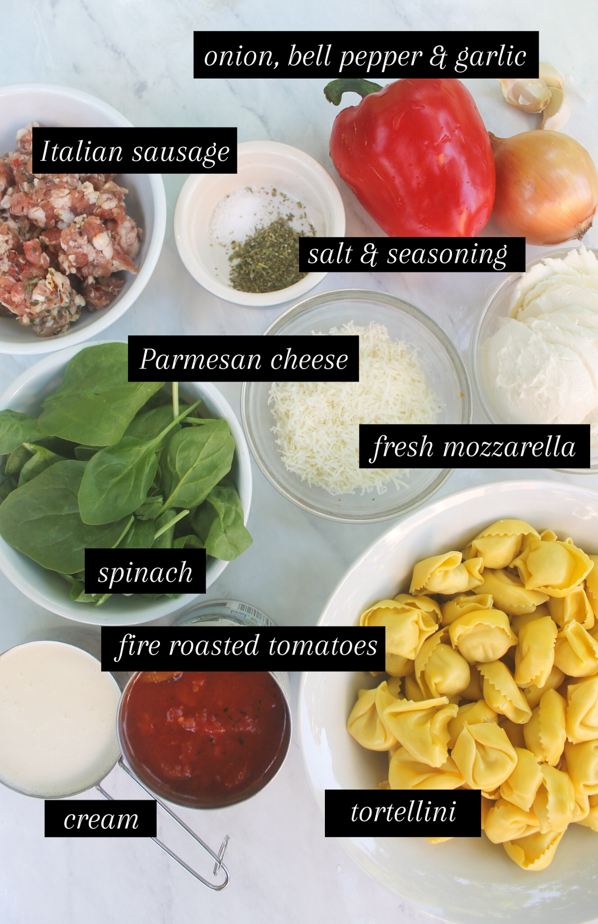 Labeled ingredients for One Pot Baked Tortellini.